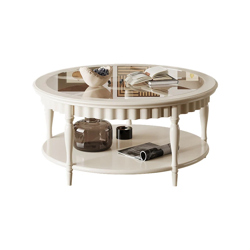 

American retro solid wood round coffee table French household double storage glass tea table