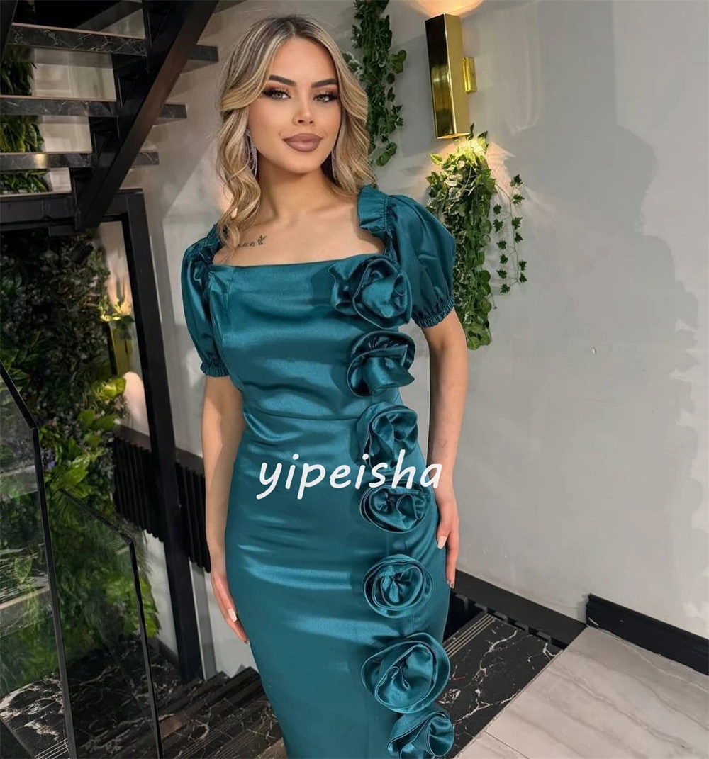 Intricate Satin Flower Ruched A-line Off-the-shoulder Long Dresses Celebrity Dresses Matching Classic Exquisite Unisex Elegant