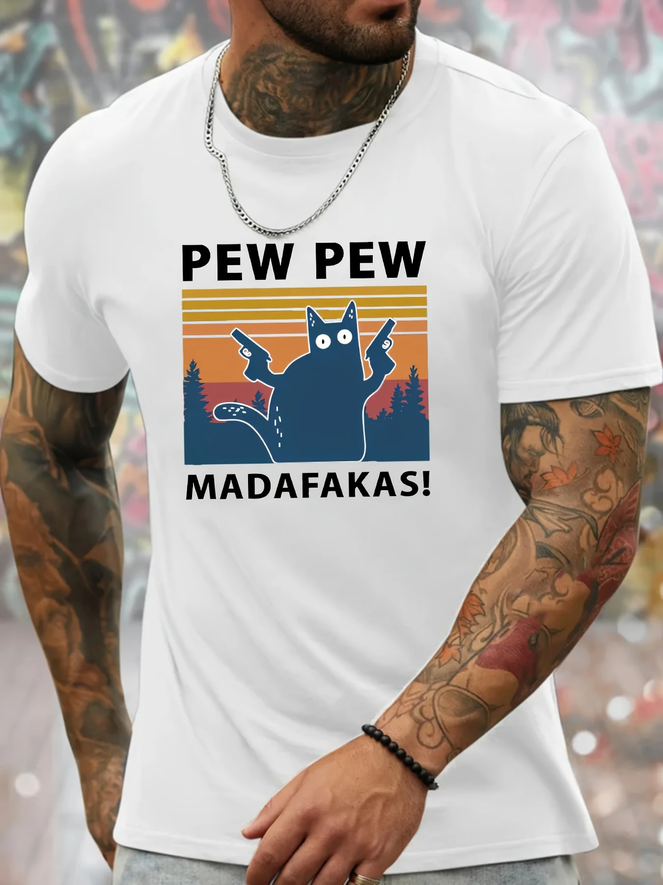 

Удобная эластичная футболка с рисунком Pew Pew And Cat, мужская футболка с коротким рукавом, повседневная модная одежда в повседневном стиле на лето