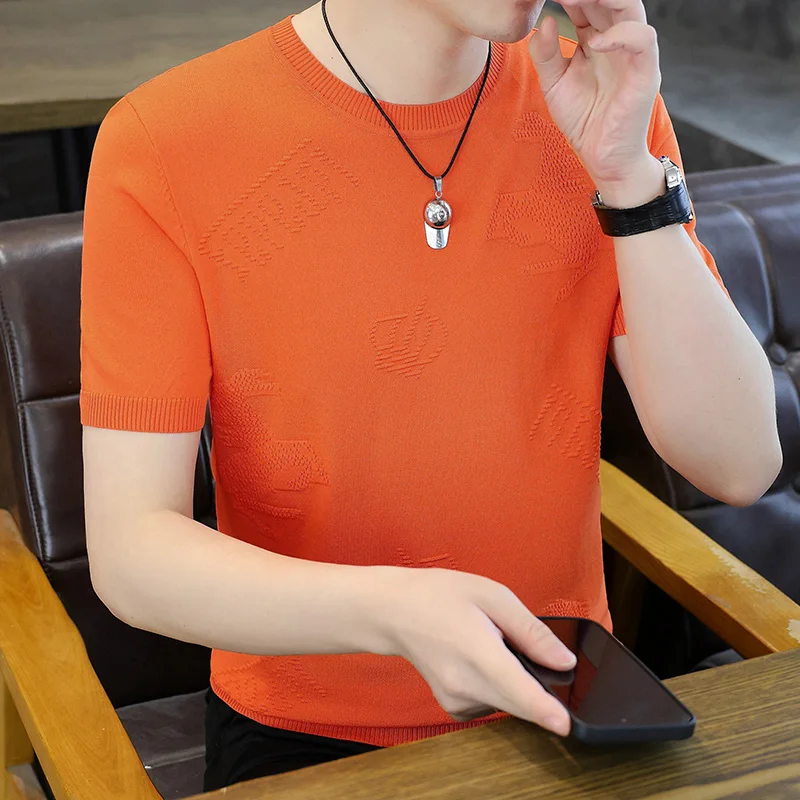 High-End Orange Knitted ort-Sve Men's Ice Silk T-irt Thin Cool Feeling Breathable f Sve Summer Trend Top