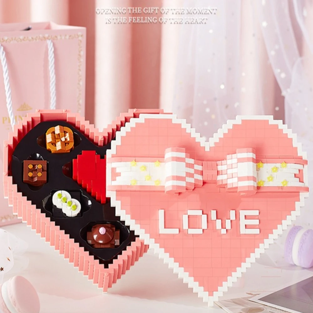 Heart-shaped chocolate box building block set with ring box and diamond toy, perfect for anniversaries and Valentine's Day gifts