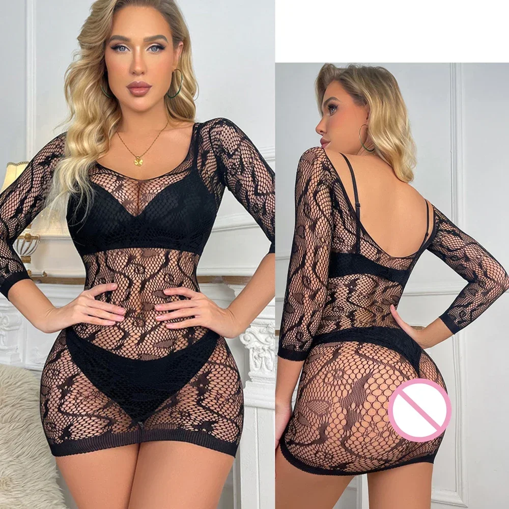 New Women\'s Fishing Net Elasticity Bodycon Dress Erotic Mesh Hollow Short Skirt Sleepwear Ladies Sexy Transparent Bodysuit