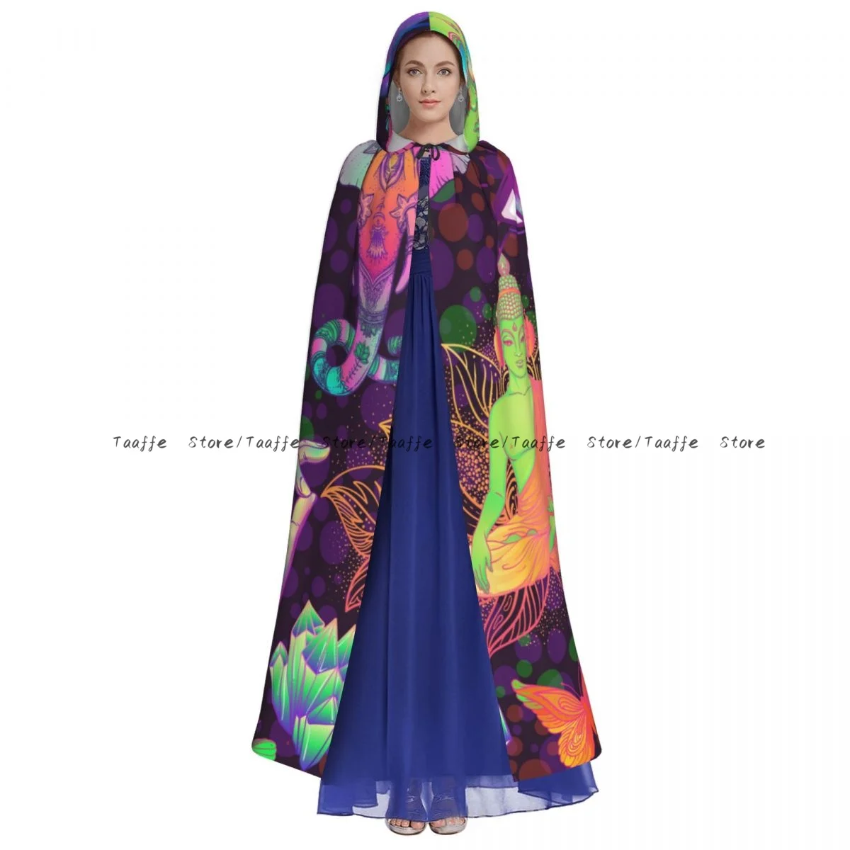 Medieval Halloween Cosplay Cloak Hooded Coat Trippy Mushrooms Peace Sign Butterflies Cape Coat Long Trench Costume Wizard Cloak