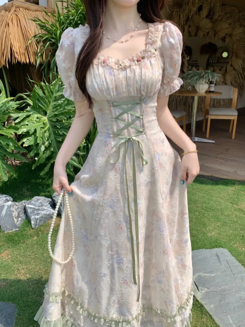 

Sweet Style plus Size Women's Dress with 3D Flower Embellishment Waist Cinching Bubble Sleeve Square Collar Summer Dress