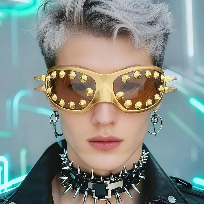 

Fashion Retro Amber Lens Spike Trendy Street Single Product Punk Rivet Cyberwind Sunglasses Stage Performance Halloween Party