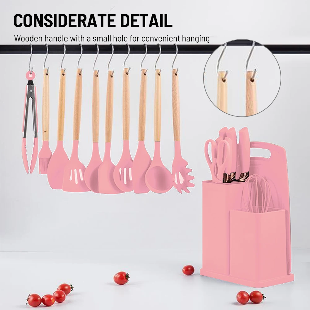 Pink 19PCS Cooking Utensils Set Non-Stick Pan Baking Tools Kitchenware Slotted Turner Spatula Spoon Food Tongs Kitchen Kit