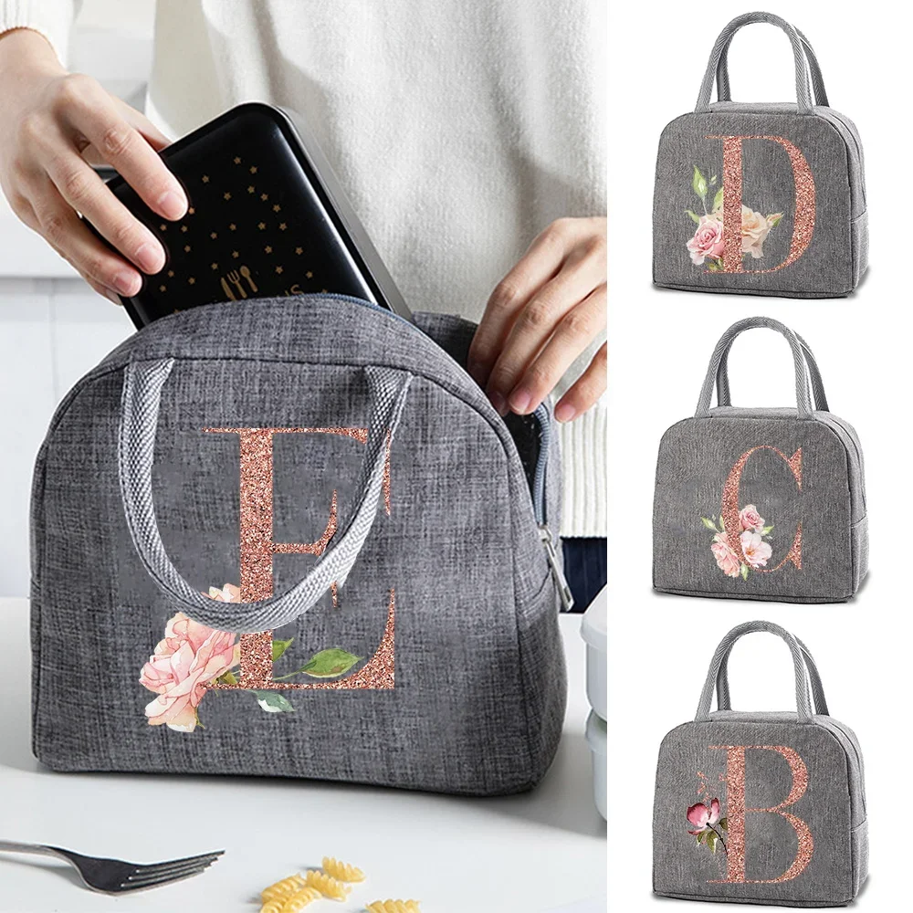 Food Thermal Lunch Bag for Women Rose Gold Letter Print Picnic Packed Cooler Bags Insulated Lunchbox School Child Dinner Handbag