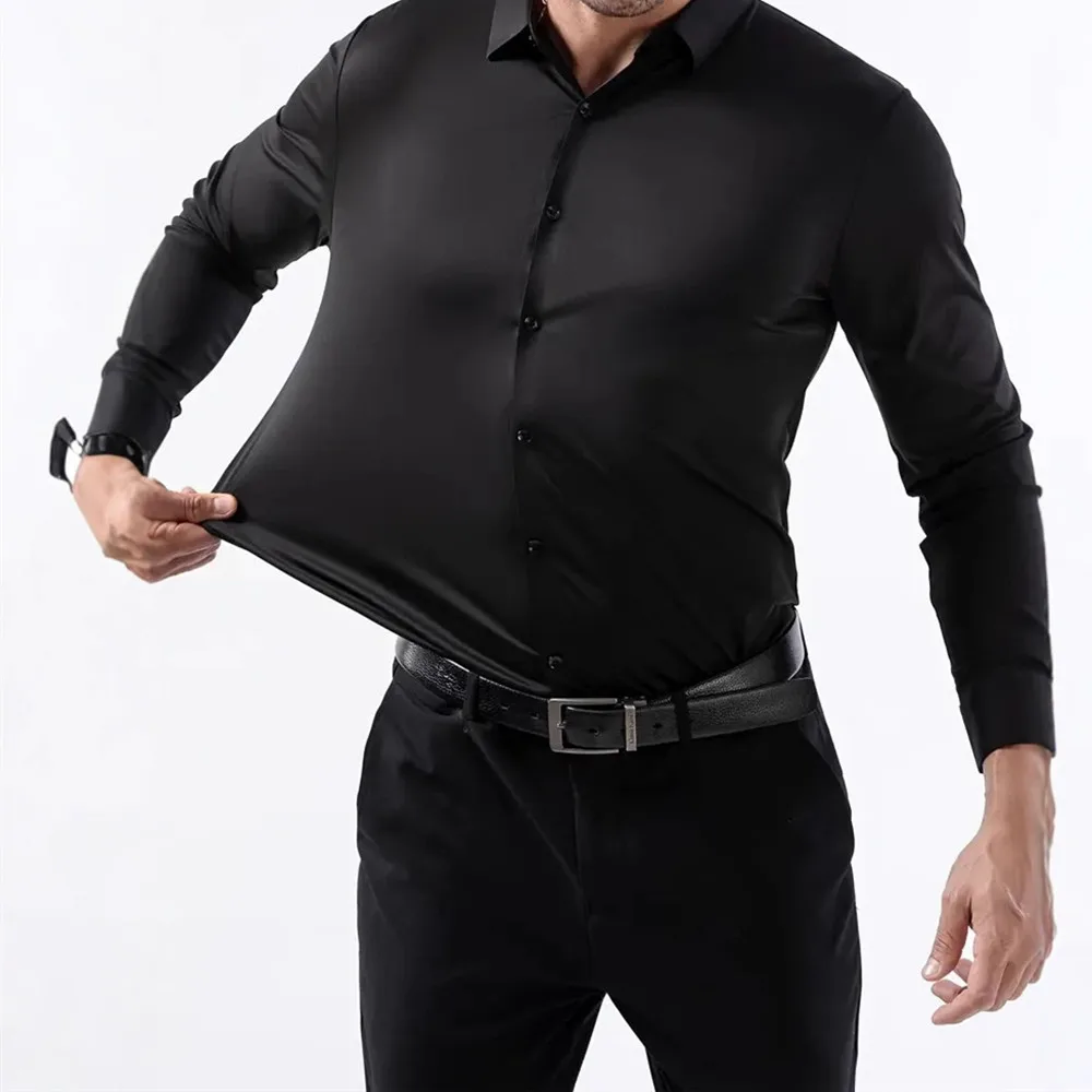 New Design Men's Solid Shirt Long Sleeve Autumn High Elasticity Casual Wrinkle Free No ironing Business Formal White Blue Social