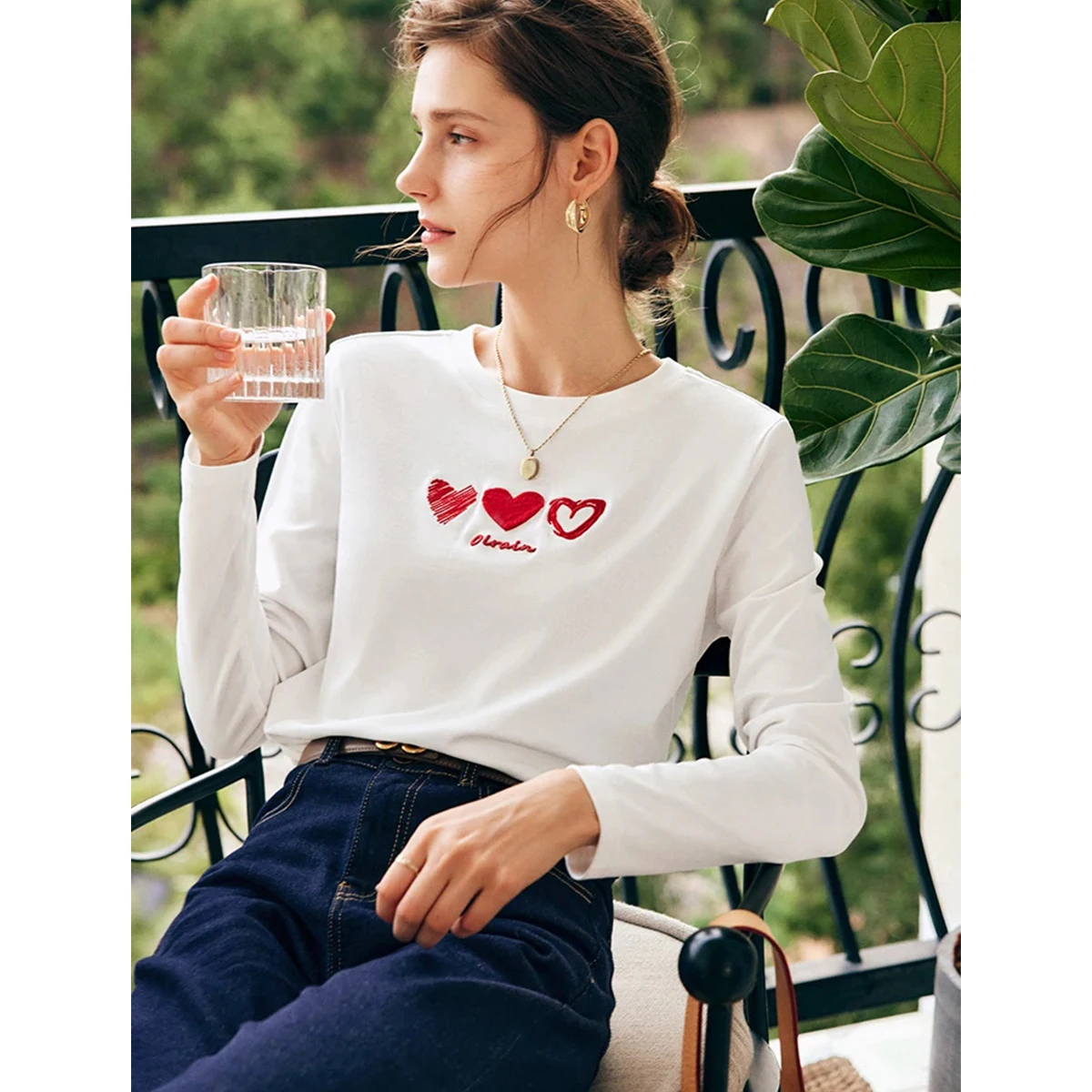 OLrain Women Funny Graphic T Shirts French White Long Sleeve T-Shirts 2026 Spring Summer Love Embroidered Casual Tops N56QT63313