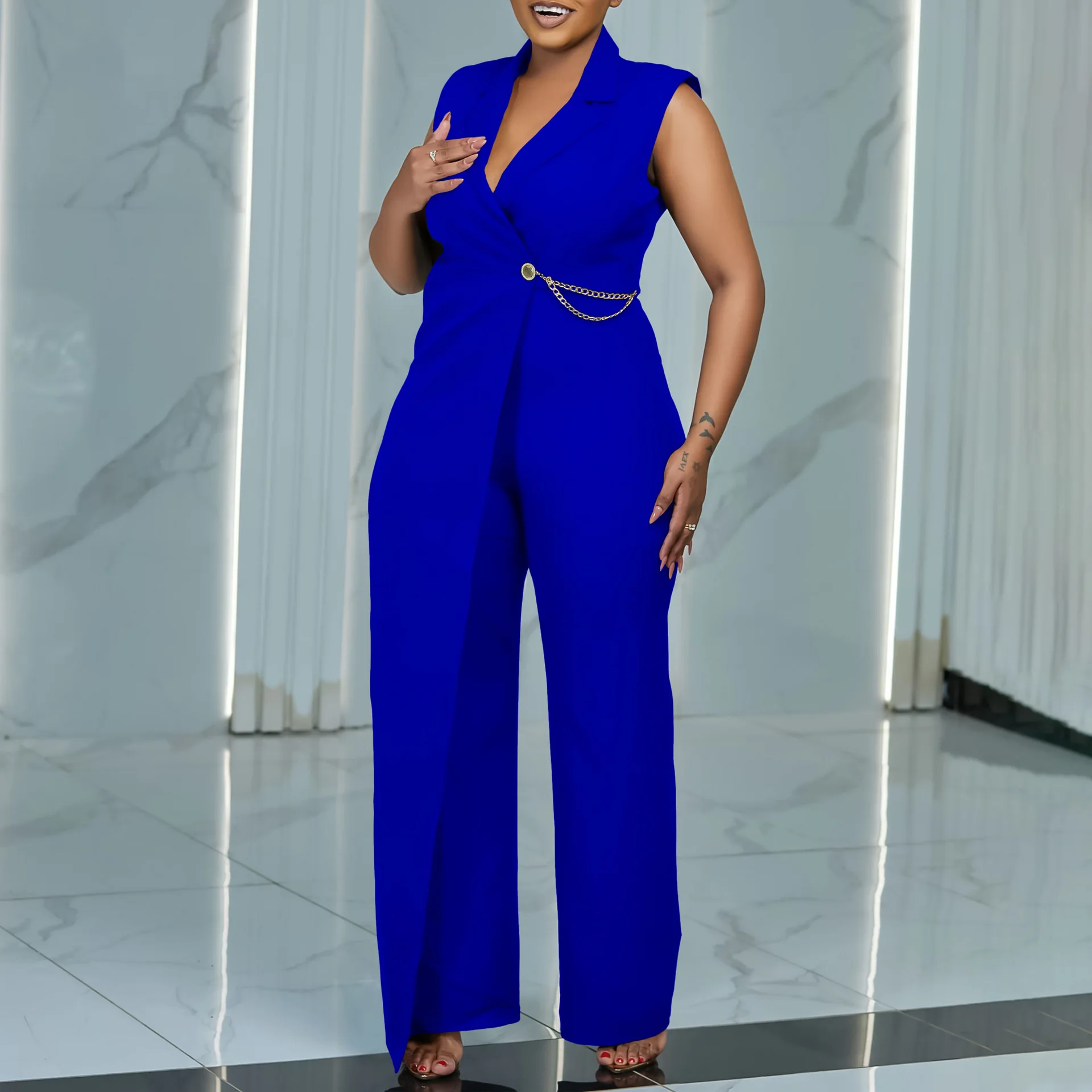 Women's Summer Sleeveless Blazer Collar Elegant Fashion Solid Color Plus Size Jumpsuit Summer Long Dress Boho Femme Elegant Prom