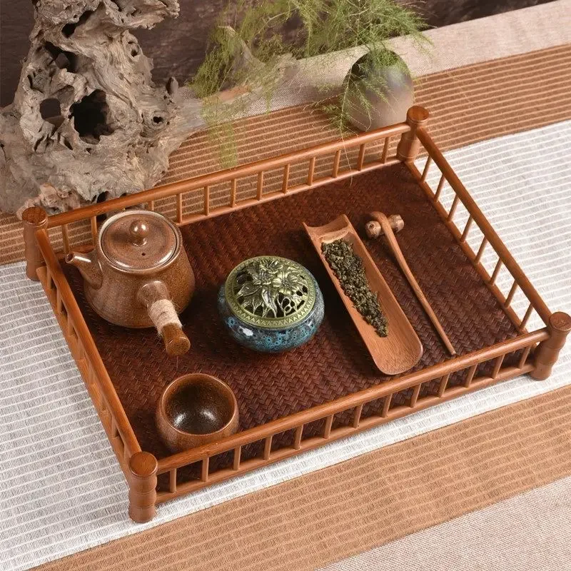 Dry Brewing Bamboo Tea Tray with Drainage, 2-Tier Jade Mat Surface Tea Station Organizer, Multi-Function Display & Drying Rack