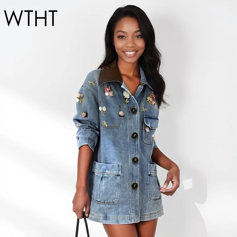 

WTHT модная женская джинсовая куртка со сращенными 3D цветами и лацканами для тяжелой промышленности, осень 2022, свободное пальто с длинными рукавами, женское 1LS2678