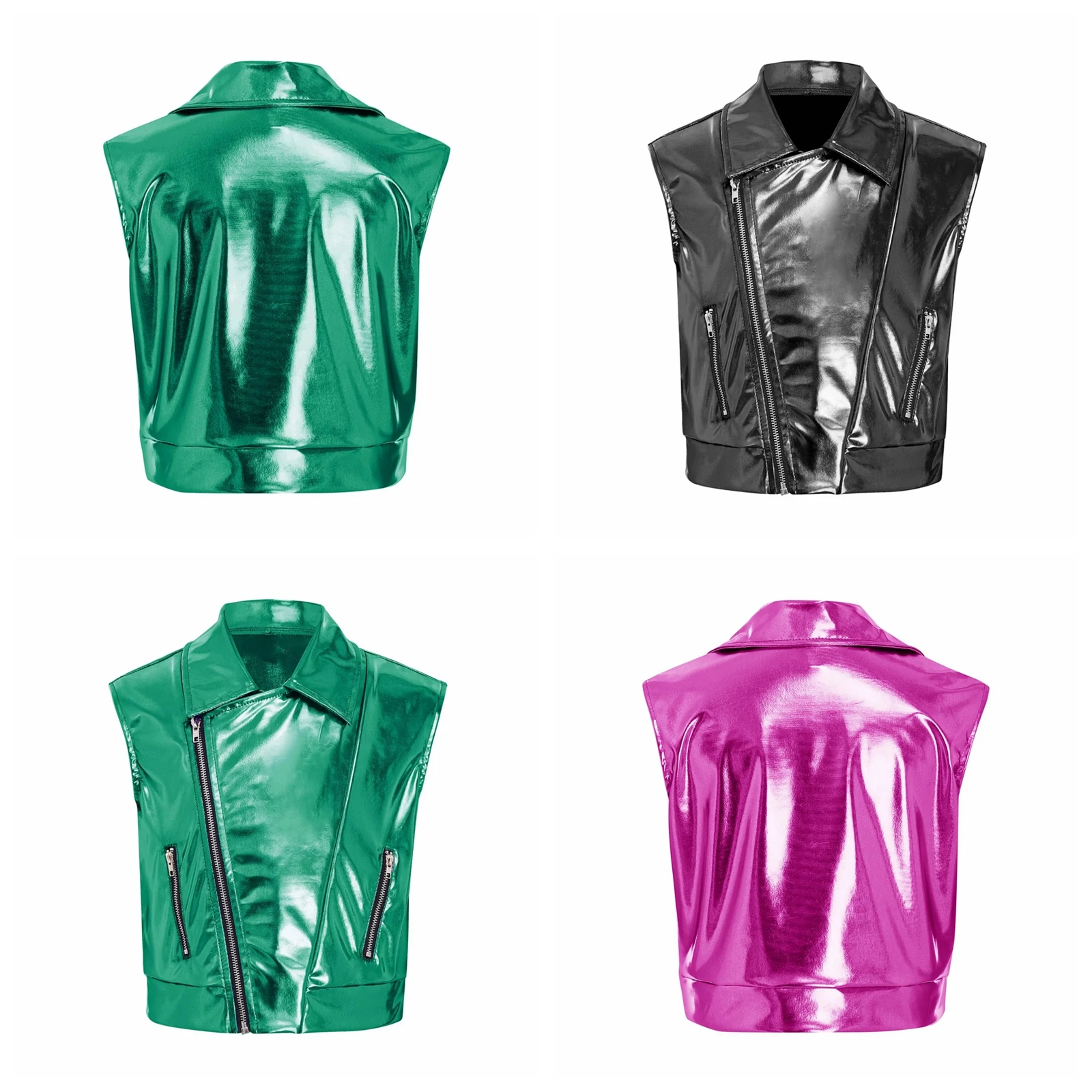 Kids Boys Girls Metallic Disco Hip Hop Waistcoats Sleeveless Jacket Tops Vest Outerwear Dance Party Stage Performance Costume