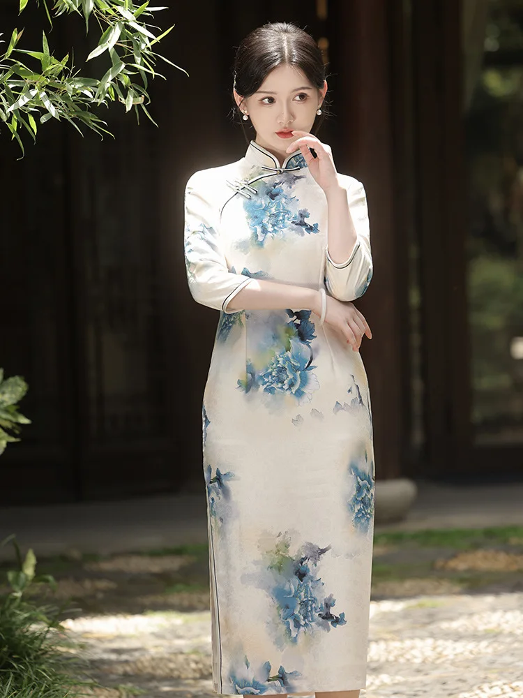 Flower Printed Satin Cheongsam Slim Fashion Daily Oriental Costumes Chinese Style Dress Seven Points Sleeve Qipao