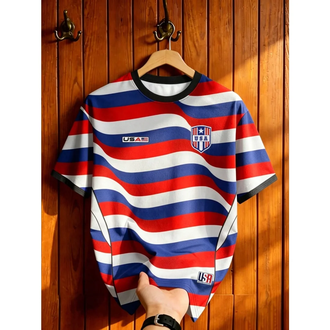 Men's Crew Neck USA Wavy Stripe Short Sleeve Sports Loose T Shirt Patriotic Style Trendy Outdoor Street Daily Summer Top
