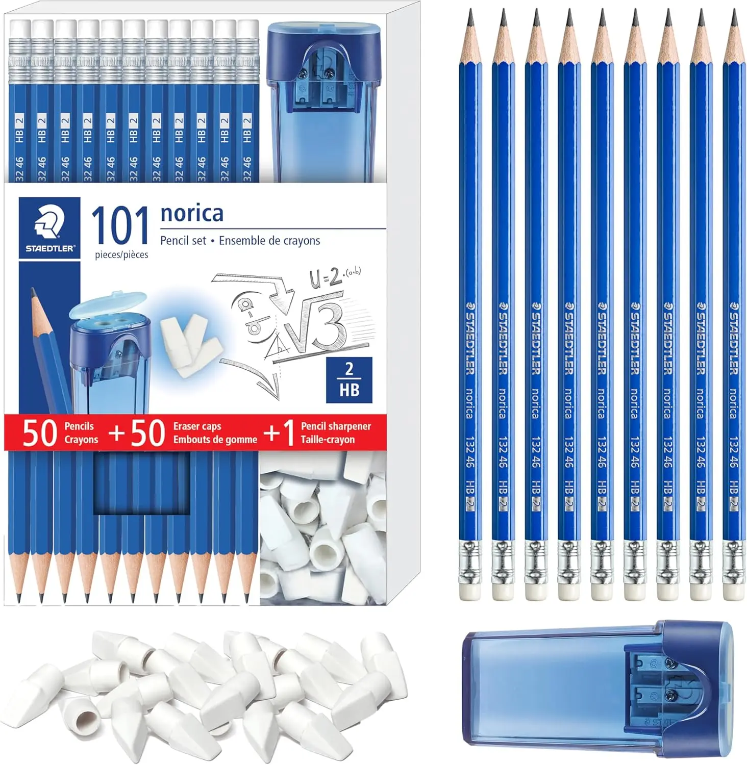 

50 Pre-sharpened #2 HB Pencils with Eraser Caps & Sharpener, Break-Resistant Lead, School Pack