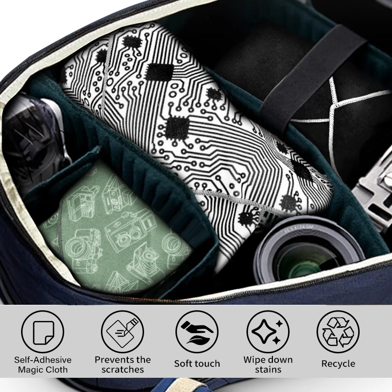 

Translation: Camera storage inner lining cloth, made of foldable fabric, suitable for Canon, Sony, Fujifilm and Nikon lens cloth