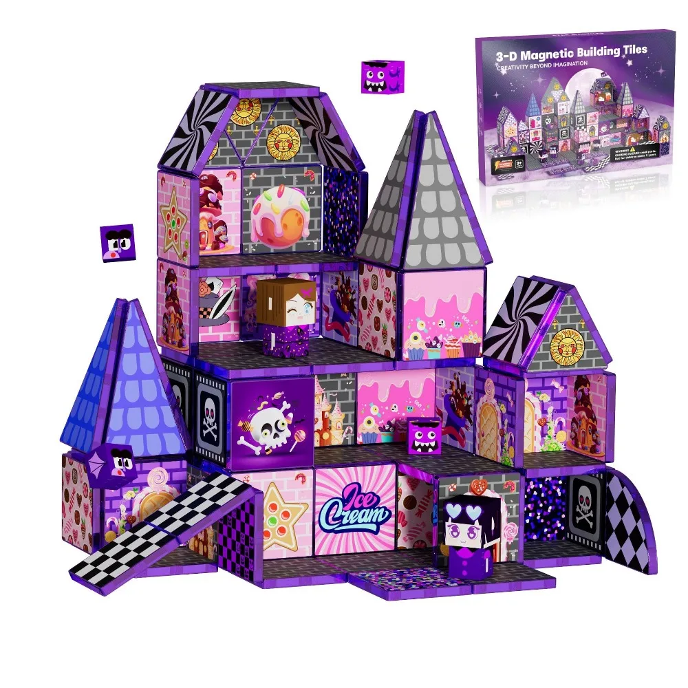 Magnetic Tiles Halloween Haunted Castle Doll House for Kids with Figures Role Play STEM Toys Birthday Christmas Gift for Girls