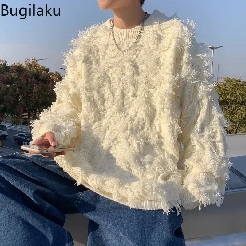 Bugilaku 2023 Retro Couple Clothes Knitted Sweater Men Tassel Design O Neck Long Sleeve Pullover Jumpers Lazy Style Pull Femme