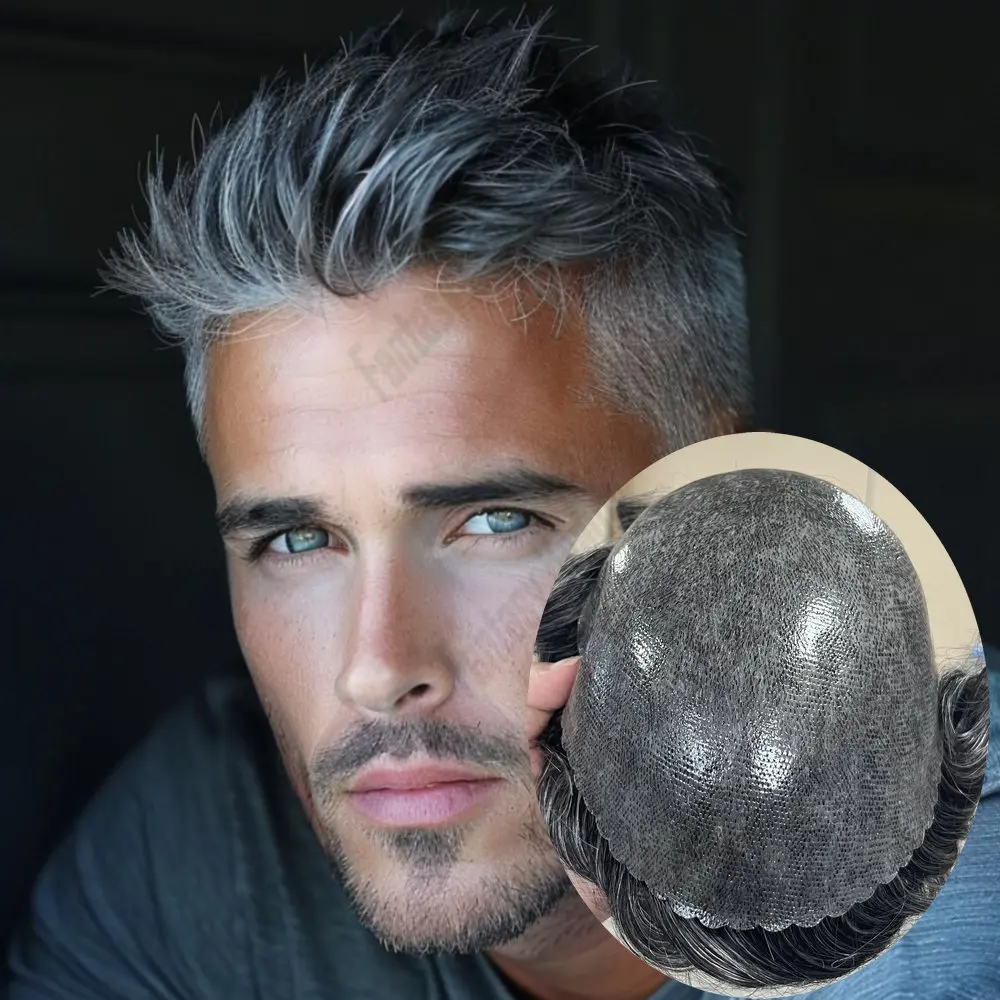 

Натуральная линия волос 1B40 1B80Серый Черный Микс Супер Прочный 0,1 мм Тонкая кожа Базовый парик для мужчин Система капиллярного протеза человеческих волос