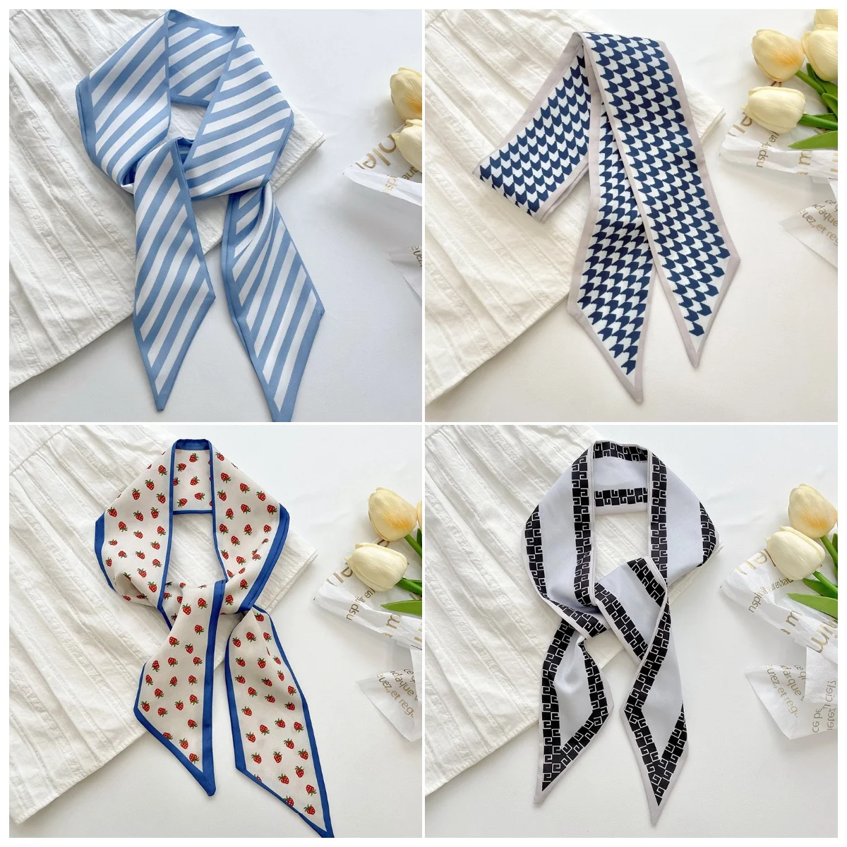 

Women Narrow Thin Scarf Letters Print Long Ribbon Scarf Handle Bag Ribbons Multi-Function Decorative Neckerchief Hair Tie Band