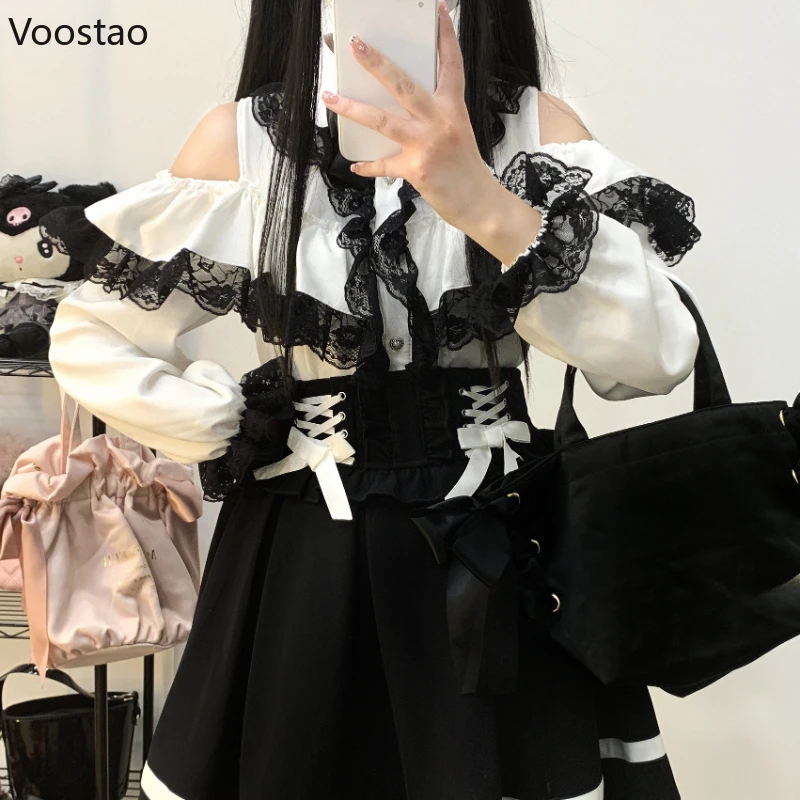 Y2k Lolita Style Blouses Women Fashion Kawaii Lace Mesh Ruffles Bowknot Off Shoulder Long Sleeve Shirt Gothic Girls Vintage Tops