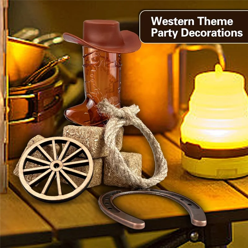 ABXF-bolsas y cuerdas de heno con ruedas, 42 Uds., Mini centros de mesa occidentales de herradura, botas de vaquero marrones y sombrero, regalo para manualidades, cumpleaños