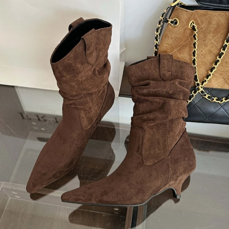 

High Quality Faux Suede Kitten Heel Ankle Boots Women Fashion Pointed Toe Sewing Pleated Designer Boots Comfortable Modern Boots