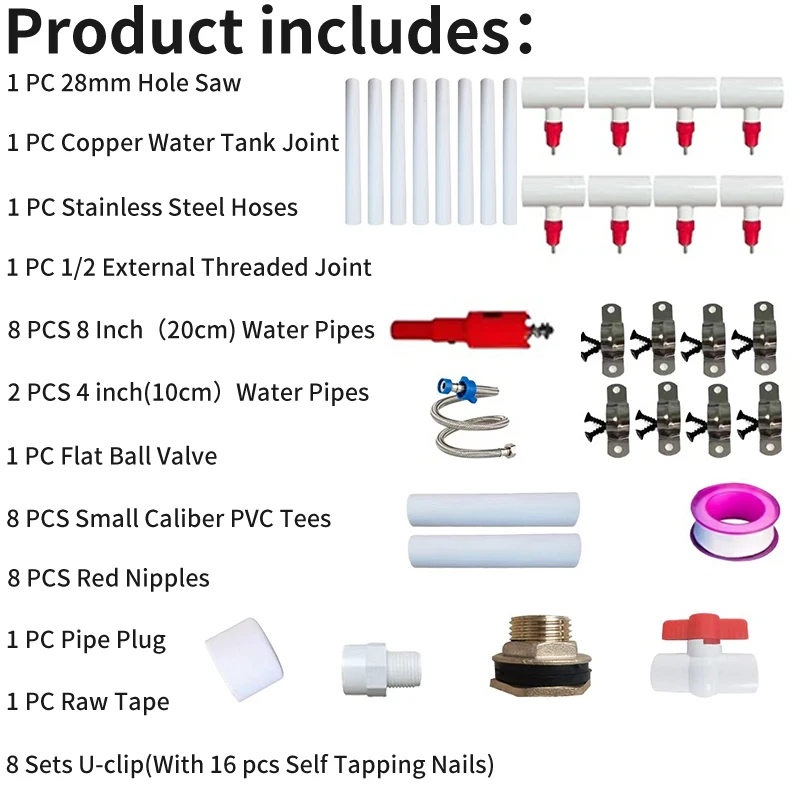 41Pcs Automatic Chicken Waterer System Kit 8 Red Drinking Nipples Complete Poultry Pipe Fittings Installation Tools Set