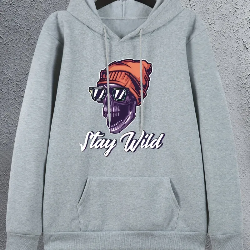 

Cartoon Skull Letter Printed Men's Hooded Sweatshirt Casual Fashionable Loose Warm Pocket Hooded Sweatshirt