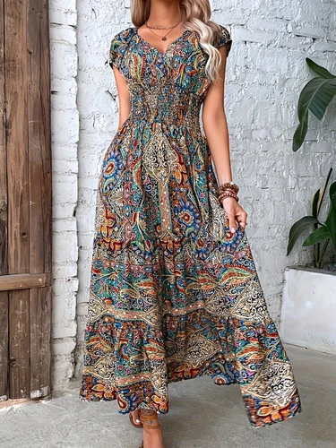 Imagen 2 del producto Vestido estampado de estilo bohemio de verano, vestido informal acampanado con cintura elástica y cuello en V, vestidos sin mangas de talla grande, ropa de mujer 8080