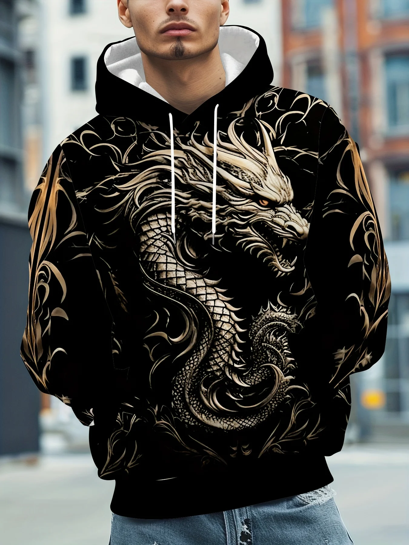 Dragon Pattern Print Hooded Sweatshirt Man Classic Streetwear Oversized Hoodie Casual Kangaroo Pocket Long Sleeve Sweatshirts