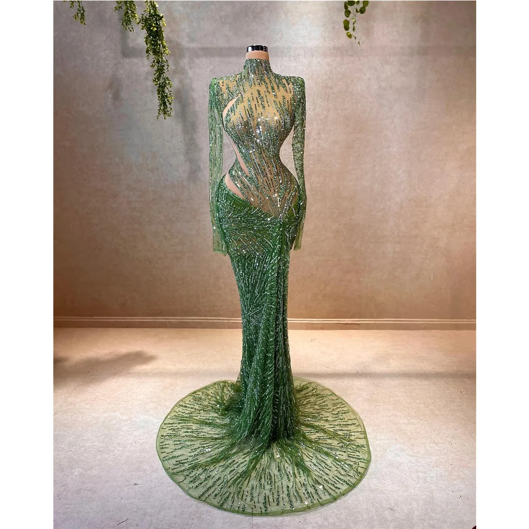 Sexy Prom Dresses Mermaid Evening Dress Long Sleeves High Neck Sequins Lace Appliques Diamonds Beads Zipper Plus Size Customized