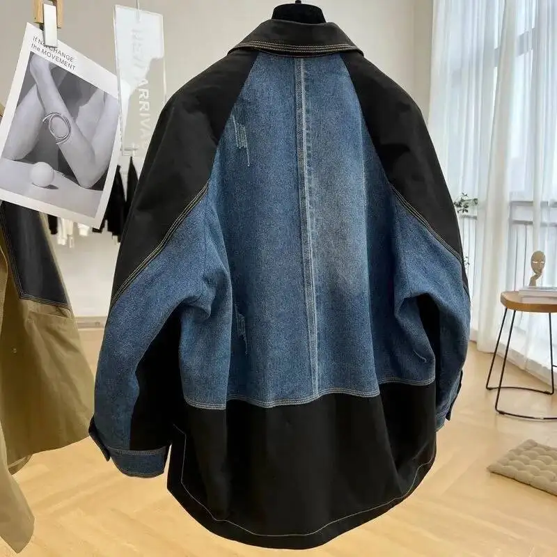 Heavyweight Denim Patchwork Jacket Casual Work Attire Women's 2025 Spring Autumn Thin Mid Length Trench Coat Design Sense Niche