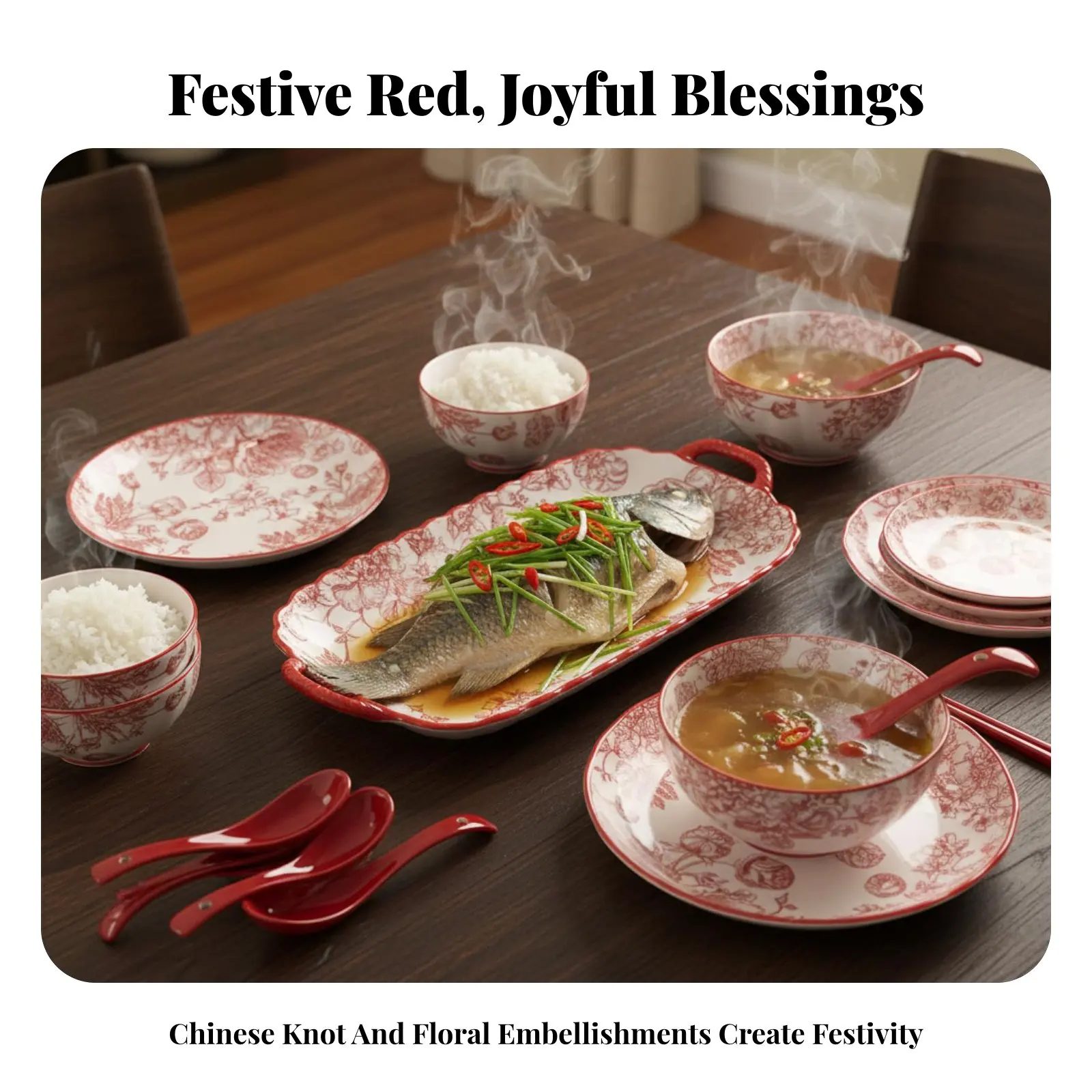 

Housewarming Dinnerware Set, Floral Queen Underglaze Porcelain, Festive Red Bowl and Chopsticks, Wedding Gift, Elegant Chinese
