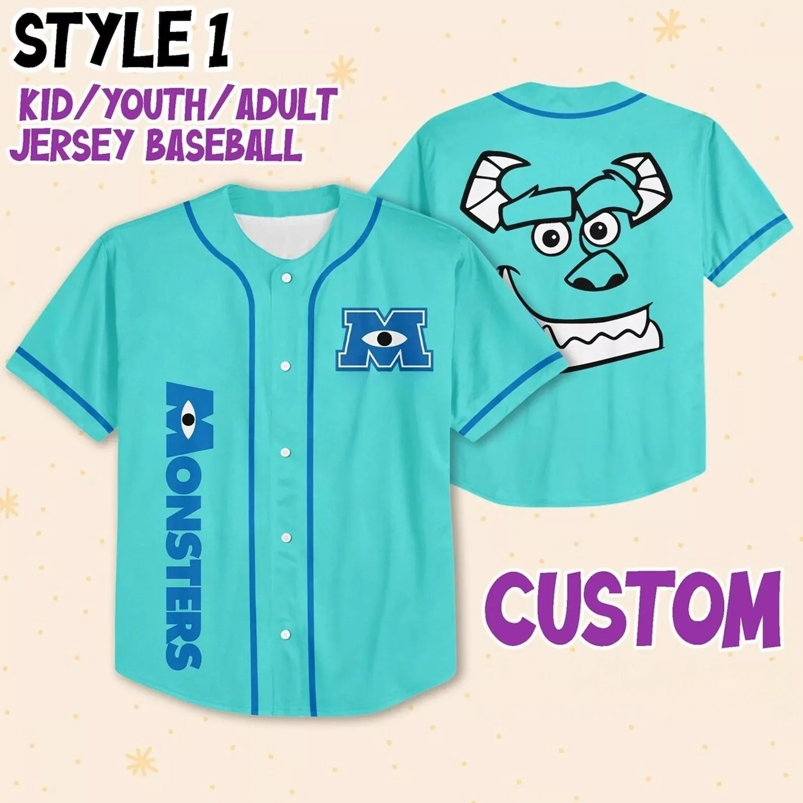 Custom Monster Inc Disney Baseball Jersey Team Personalized Collection Jersey Kids Boys Team Training Uniform Costume For Gifts