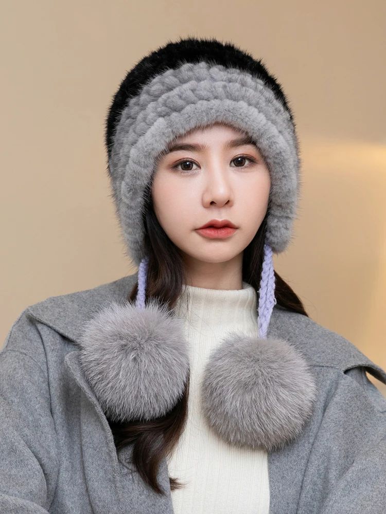 

Real Mink Fur Hat with Fox Fur Ball Earmuffs Protective Cap Winter Hat for Women Russian Autumn Hat Fox Fur Beanies Fall Bonnet