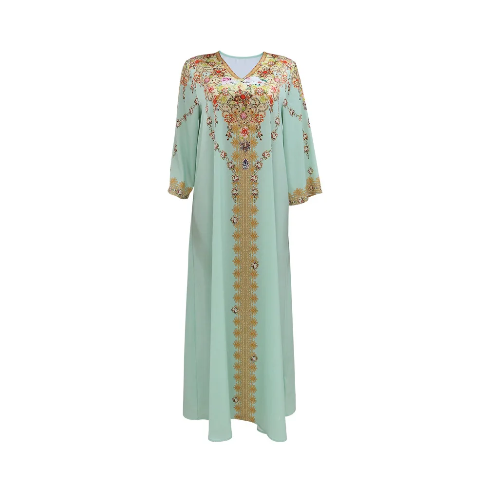 Vrouwen Jurk Lente Print V-Hals Lange Mouw Kaftan Moslim Dame Gewaad Feest Ramadan Femme Lange Jurk