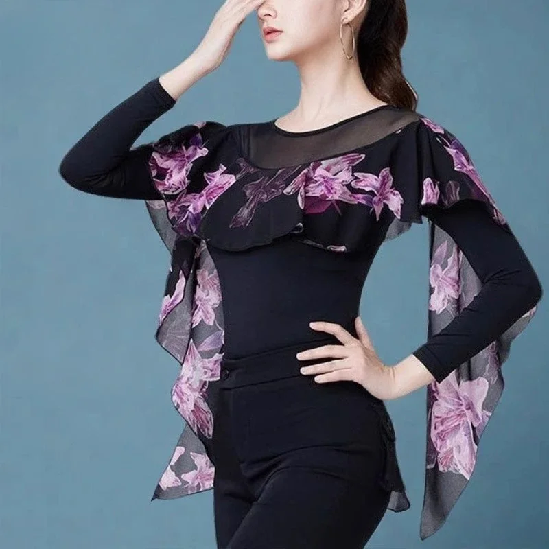 Roupas de dança latina finas e modernas, roupas de prática para mulheres, novo padrão nacional, roupas de dança de salão, mangas compridas
