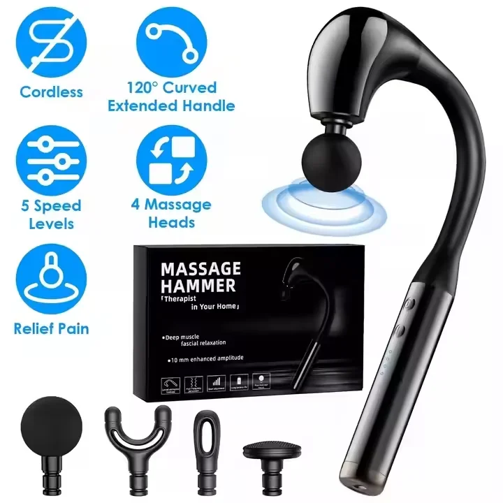 Cordless handheld deep tissue vibration massager with upgraded 4-head extension handle massager