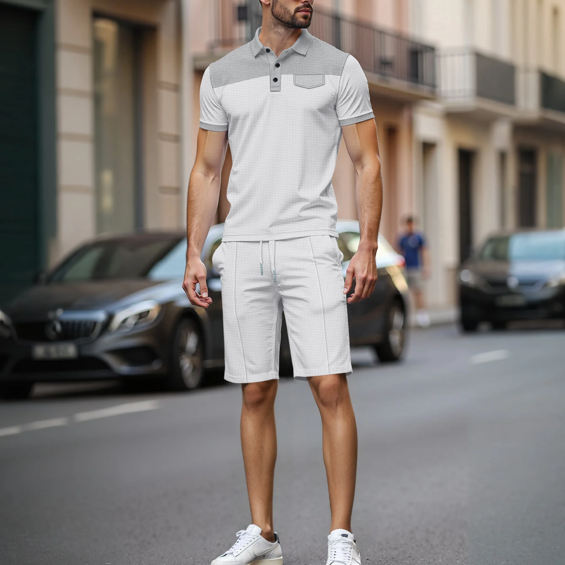 

Summer men's new waffle lapel two-tone lapel false pocket POLO shirt drawstring shorts set