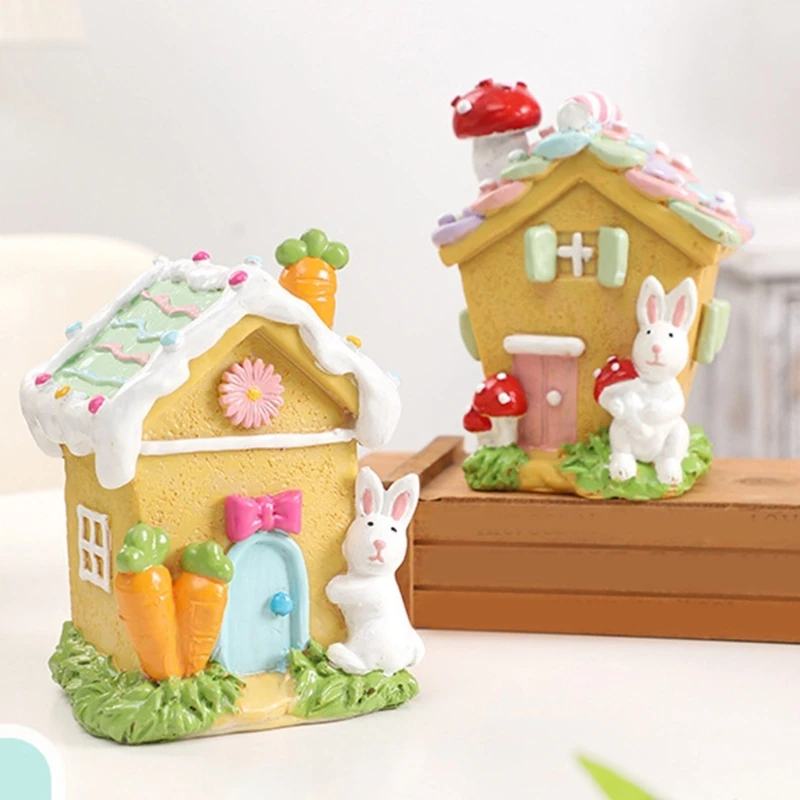 Resins Rabbit Miniature Gingerbreads House Statue Ornament for Festival Celebration Christmas Easters Tabletop Decors