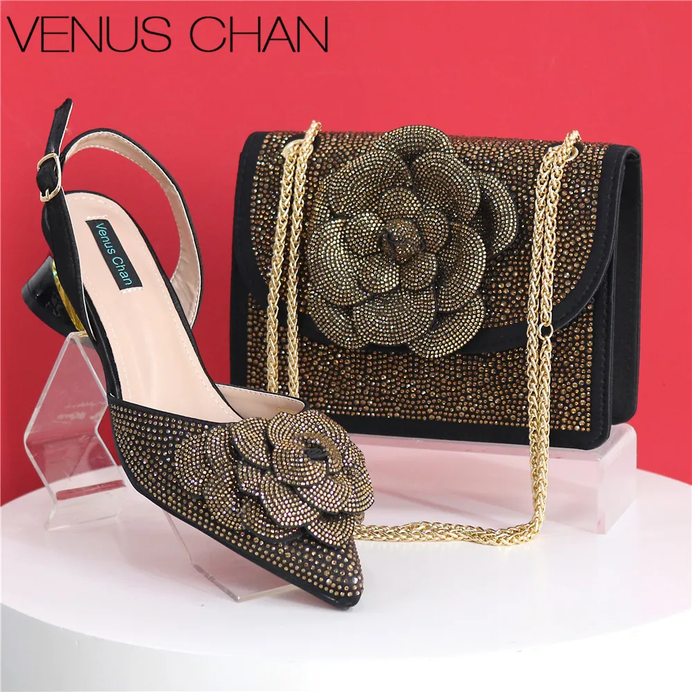 Pointed Top Latest Colorful Sequins and Diamond Butterfly Design Women's Shoes and Bags Set Black Color