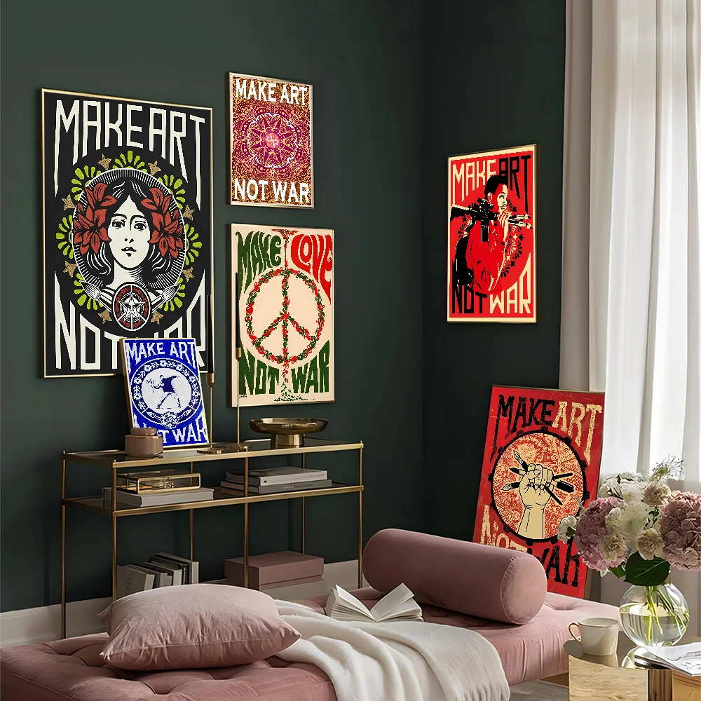 

Make Art Not War Vintage Posters Sticky Retro Kraft Paper Sticker DIY Room Bar Cafe Kawaii Room Decor