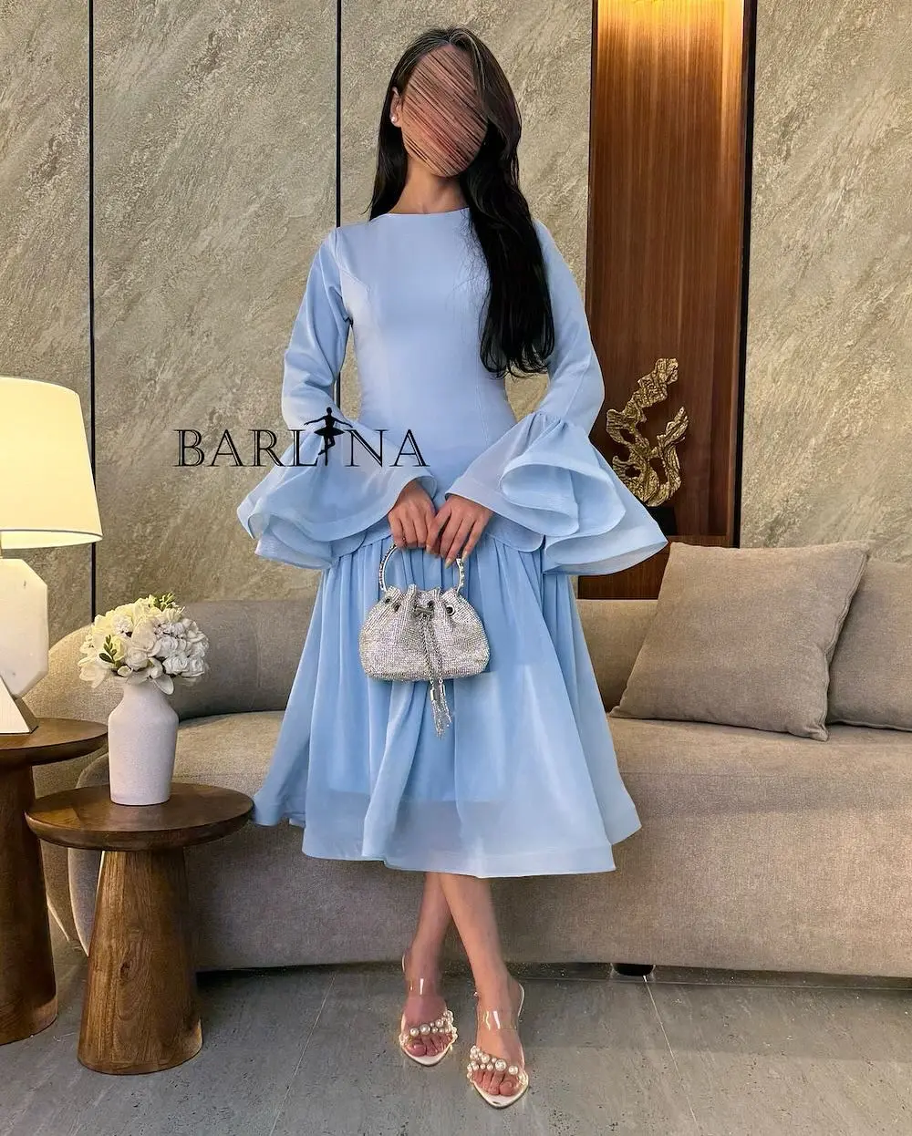 

Charming Blue Cocktail Dresses Long Sleeves Ruffles A Line Prom Gowns Sexy Tea Length Customized Dubai Wedding Guest Skirts