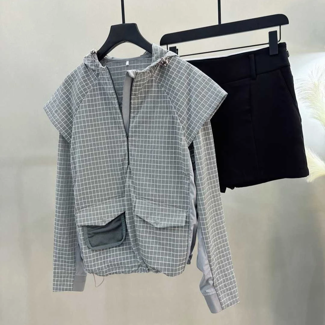 Women's Golf Hooded Polo Shirt 2026 Summer New Korean Style Faux Two-Piece Plaid Quick-Dry Breathable Stretch Soft Casual