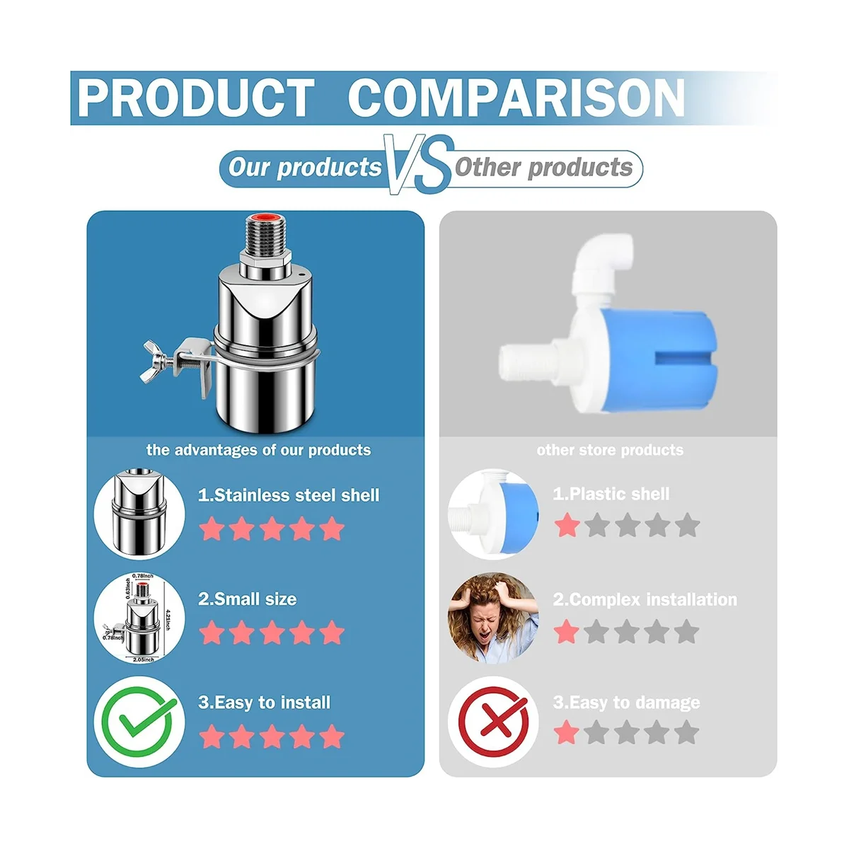 Valvola A galleggiante di controllo del livello dell'acqua in acciaio inossidabile per serbatoio, valvola A sfera galleggiante da 3/4 di pollice, adatta per serbatoi d'acqua, laghetto A