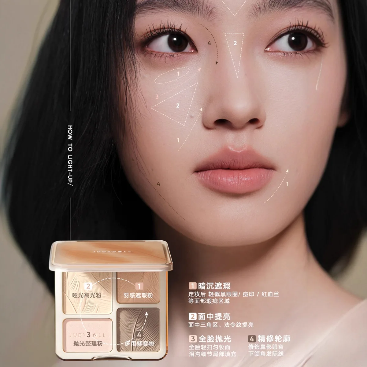 JUDYDOLL 2in1 ハイライターと輪郭パレットフェザーライトアップフェイスシャドウパウダー多目的ハイライトメイクアップ化粧品