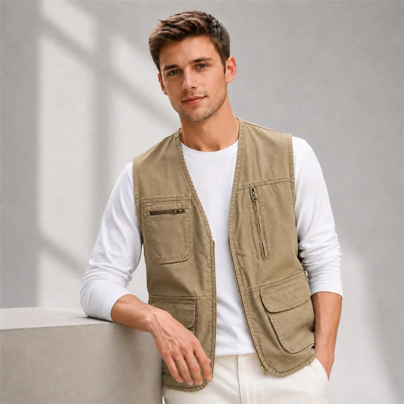 100% Cotton Men's Leisure Vest Solid Color Tooling Style Waistcoat Thin Fishing Hiking Multi-Pockets Casual Vest for Men