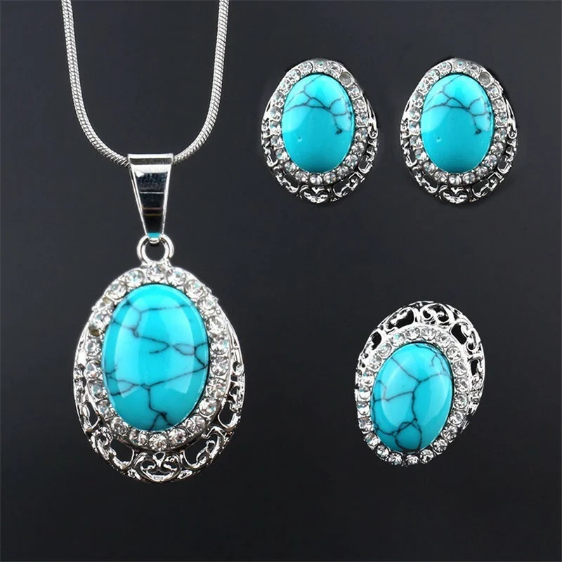 

Charming Blue Turquoise Pendant Nelace +Earrring +Ring Set AAA